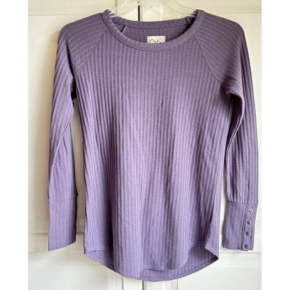 Chaser Womens Small Waffle Knit Round Neck Long Sleeve Henley Thermal Purple Top - Picture 1 of 6